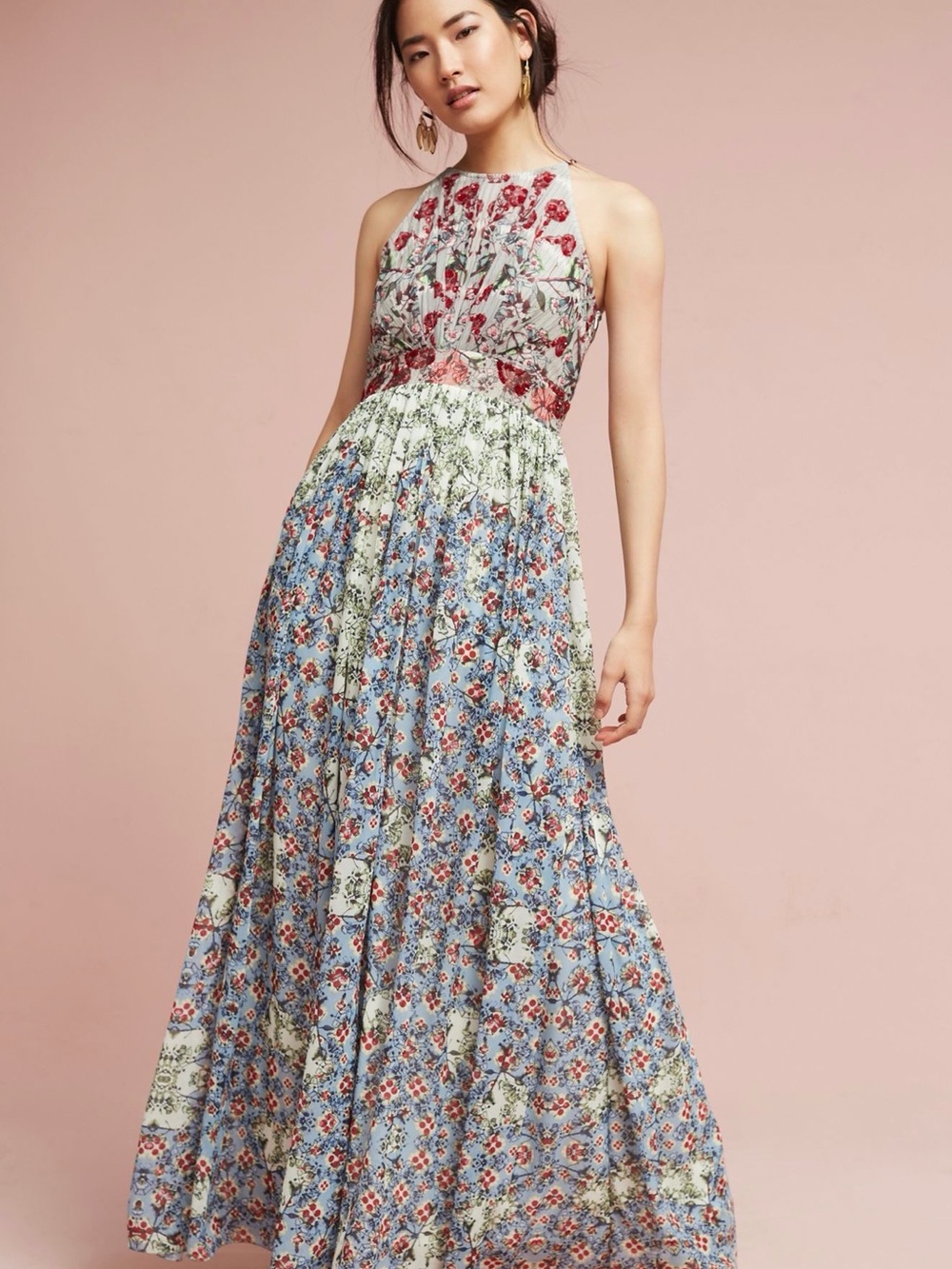 Gorgeous Anthropologie Bhanuni Floral Halter Maxi Dress in Blue, Red and Green